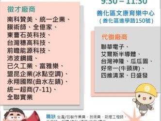 113/08/23(五)勞工局職訓就服中心辦理【徵好運】善化區現場聯合徵才活動 歡迎求職民眾踴躍參加