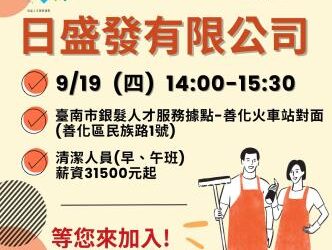 113/9/19臺南市銀髮人才服務據點辦理單一徵才活動,歡迎求職民眾踴躍參加 113/9/19臺南市銀髮人才服務據點辦理單一徵才活動,歡迎求職民眾踴躍參加