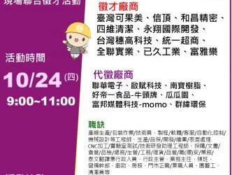 113/10/24(四)勞工局職訓就服中心辦理【徵好運】善化區現場聯合徵才活動 歡迎求職民眾踴躍參加 113/10/24(四)勞工局職訓就服中心辦理【徵好運】善化區現場聯合徵才活動 歡迎求職民眾踴躍參加