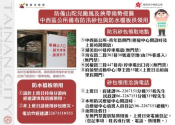 防備山陀兒颱風及挾帶雨勢侵襲,中西區公所備有防汛砂包與防水檔板供民眾領用 防備山陀兒颱風及挾帶雨勢侵襲,中西區公所備有防汛砂包與防水檔板供民眾領用