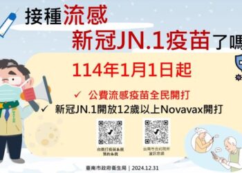 114年1月1日起提供滿12歲以上民眾接種新冠Novavax JN.1疫苗,請尚未「左流右新」市民朋友儘速接種,安心平安好過冬! 114年1月1日起提供滿12歲以上民眾接種新冠Novavax JN.1疫苗,請尚未「左流右新」市民朋友儘速接種,安心平安好過冬!