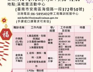 114/2/8(六)勞工局職訓就服中心辦理GRAMIN台灣國際航電股份有限公司新春就業徵才活動，歡迎求職民眾踴躍參加。