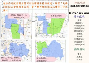 台水公司辦理永康區烏橋2000mm管改遷暨穗芳橋2000mm維修施工自本(114)年3月25日起10行政區停水、壓降30小時 台水公司辦理永康區烏橋2000mm管改遷暨穗芳橋2000mm維修施工自本(114)年3月25日起10行政區停水、壓降30小時