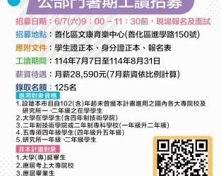 「114年度大專青年學生公部門暑期工讀計畫」招募活動