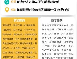 114/7/1(二)勞工局職訓就服中心辦理『乘風破浪勇往職前』聯合徵才活動 歡迎求職民眾踴躍參加
