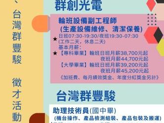 114/7/2(三)勞工局職訓就服中心辦理群創光電、台灣群豐駿科技股份有限公司徵才活動，歡迎求職民眾踴躍參加