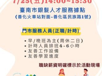 114/7/25(五)臺南市銀髮人才服務據點辦理單一徵才活動,歡迎求職民眾踴躍參加 114/7/25(五)臺南市銀髮人才服務據點辦理單一徵才活動,歡迎求職民眾踴躍參加