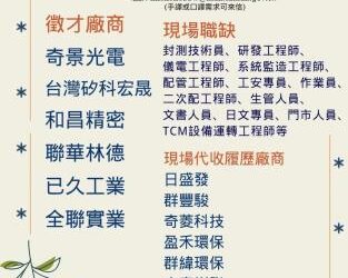 114/8/19(二)勞工局職訓就服中心辦理樹谷園區企訓大樓工安教室小型徵才活動,歡迎求職民眾踴躍參加。 114/8/19(二)勞工局職訓就服中心辦理樹谷園區企訓大樓工安教室小型徵才活動,歡迎求職民眾踴躍參加。