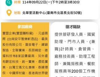 114/9/22(一)勞工局職訓就服中心辦理『乘風破浪勇往職前』聯合徵才活動 歡迎求職民眾踴躍參加 114/9/22(一)勞工局職訓就服中心辦理『乘風破浪勇往職前』聯合徵才活動 歡迎求職民眾踴躍參加