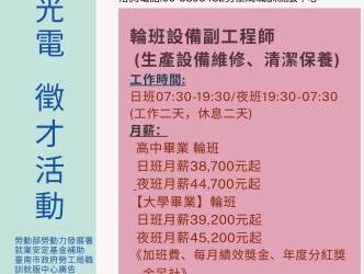 114/9/23(二)勞工局職訓就服中心辦理群創光電股份有限公司徵才活動,歡迎求職民眾踴躍參加 114/9/23(二)勞工局職訓就服中心辦理群創光電股份有限公司徵才活動,歡迎求職民眾踴躍參加