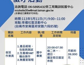 5/11(六)勞工局職訓就服中心辦理GRAMIN台灣國際航電股份有限公司徵才活動，歡迎求職民眾踴躍參加。