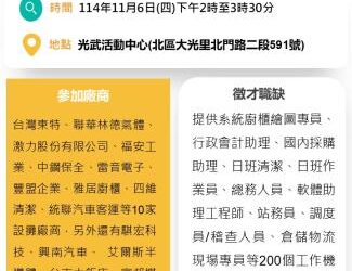 114/11/6(四)勞工局職訓就服中心辦理『乘風破浪勇往職前』聯合徵才活動 歡迎求職民眾踴躍參加