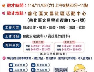 114/11/8(六)勞工局職訓就服中心辦理『緯穎智造股份有限公司』單一徵才活動，歡迎求職民眾踴躍參加