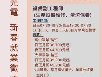 115/1/6(二)勞工局職訓就服中心辦理群創光電股份有限公司徵才活動，歡迎求職民眾踴躍參加