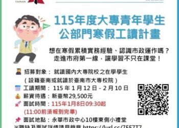 南市府大專青年公部門寒假工讀計畫開跑　1/8現場審件面試