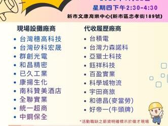 115/1/22(四)勞工局職訓就服中心辦理「職向新市」新春就業徵才活動，歡迎求職民眾踴躍參加