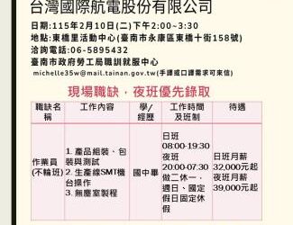 115/2/10(二)勞工局職訓就服中心辦理GARMIN_台灣國際航電股份有限公司新春就業徵才活動，歡迎求職民眾踴躍參加。