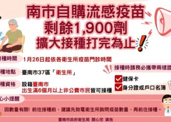 南市自購流感疫苗於1月26日起開放出生6個月以上非公費對象市民接種，疫苗有限，請速接種！