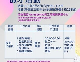 113/6/8(六)勞工局職訓就服中心辦理GRAMIN台灣國際航電股份有限公司徵才活動，歡迎求職民眾踴躍參加。