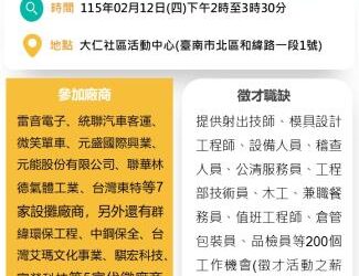 115/2/12(四)勞工局職訓就服中心辦理『乘風破浪勇往職前』新春就業聯合徵才活動 歡迎求職民眾踴躍參加 115/2/12(四)勞工局職訓就服中心辦理『乘風破浪勇往職前』新春就業聯合徵才活動 歡迎求職民眾踴躍參加