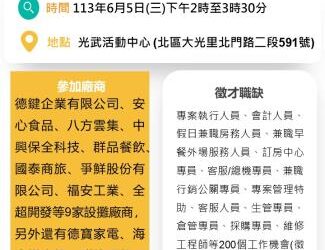 113/6/5(三)勞工局職訓就服中心辦理『乘風破浪勇往職前』聯合徵才活動 歡迎求職民眾踴躍參加