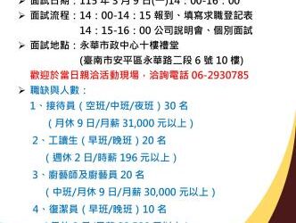 115/3/9(一)勞工局職訓就服中心辦理「碳佐麻里集團聯合徵才活動」招募80名餐飲人員，歡迎求職民眾踴躍參加