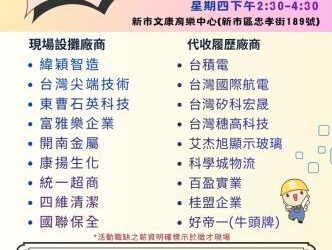 115/3/19(四)勞工局職訓就服中心辦理「新市職達」廠商聯合徵才活動，歡迎求職民眾踴躍參加