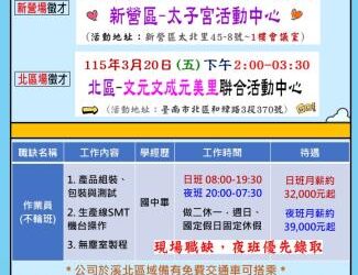 勞工局職訓就服中心將於3/19(溪北)和3/20(溪南)辦理Garmin台灣國際航電股份有限公司單一徵才活動，歡迎求職民眾踴躍參加。