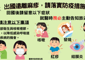 國內出現麻疹群聚事件且該病傳染力強，提醒曾至個案足跡活動的民眾請留意身體狀況，出現症狀速聯絡當區衛生所安排就醫！