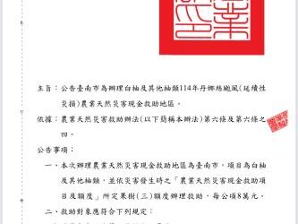 臺南市白柚及其他柚類丹娜絲颱風延續性災損 獲中央公告現金救助7月18日起受理申請