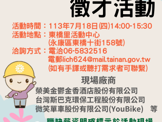 7/18(四)辦理永康區東橋里廠商聯合徵才活動暨銀髮人才服務據點就業徵才活動 歡迎求職民眾踴躍參加 7/18(四)辦理永康區東橋里廠商聯合徵才活動暨銀髮人才服務據點就業徵才活動 歡迎求職民眾踴躍參加